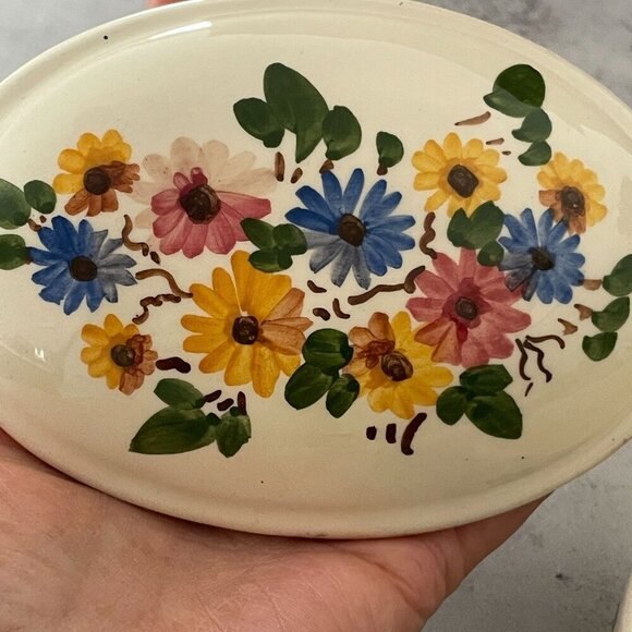 Vintage Made in France Hand-Painted Rustic Floral Oval Covered Trinket Box 4.75" - Picture 5 of 9